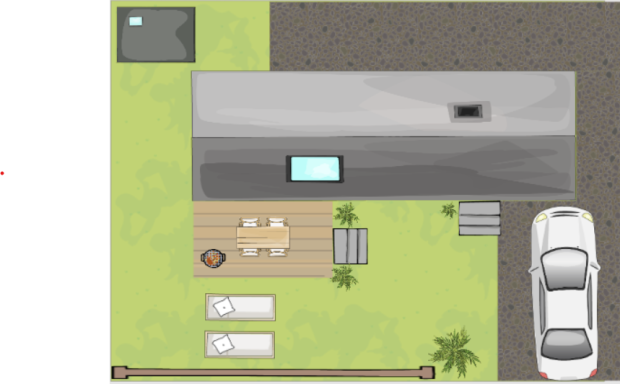 Moderne Architekturansicht mit Garten, Terrasse, Pool und Parkplatz.
